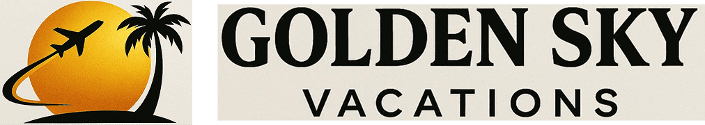 Golden Sky Vacations logo with plane, palm.