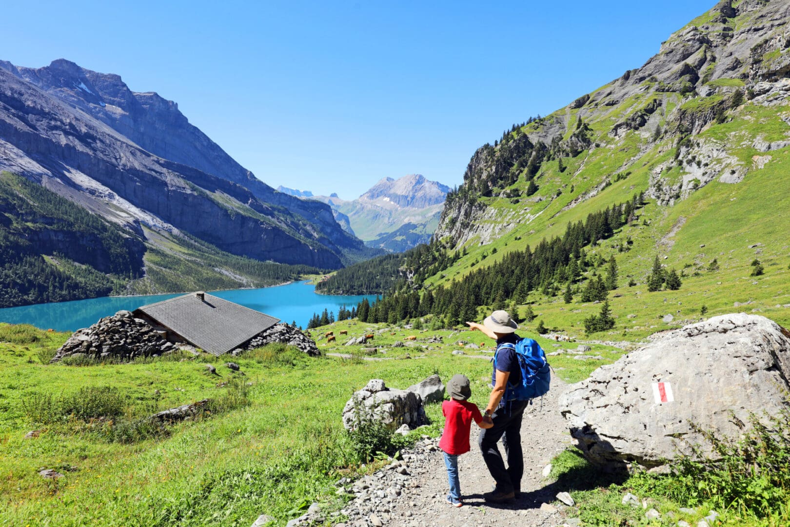 Father and his son are hiking in the mountains in Switzerland. The dad is wearing hiking clothes, a sun hat and is carrying a backpack. A little boy with a sun hat is looking towards the azure blue Oeschinen lake and the beautiful Swiss Alps landscape in the distance.